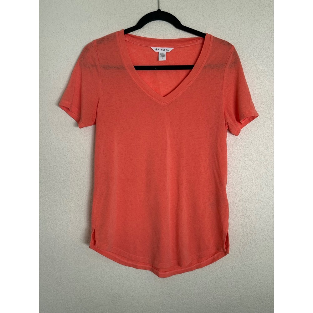 Athleta Breezy V-Neck Tee Coral Orange Short Sleeve Activewear Top Small